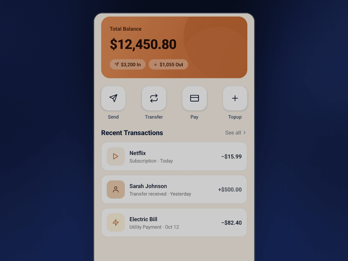 The app's home screen — total balance, send, transfer, pay and topup actions, and recent transactions — dimmed behind a lock.