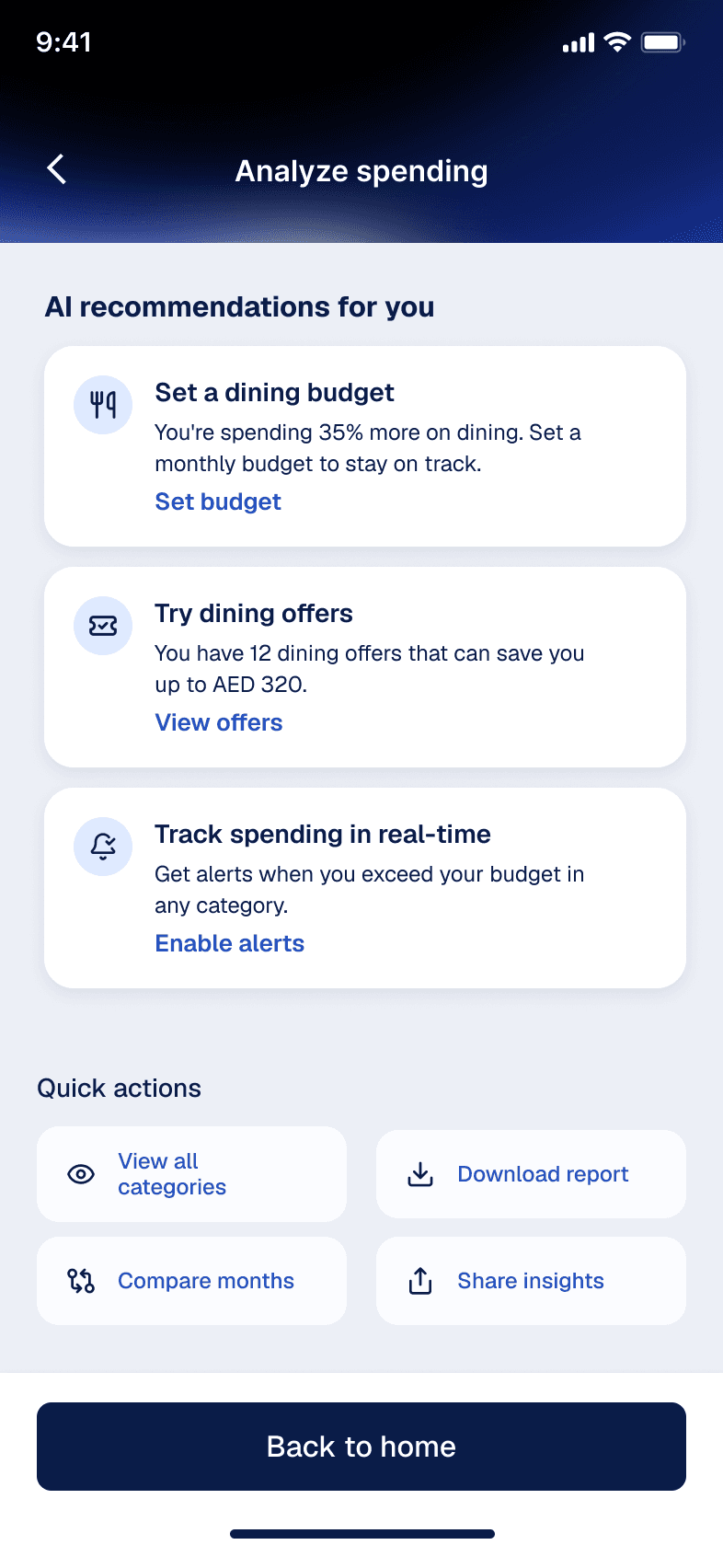 The end of the spending analysis flow: each insight turned into a recommendation the customer can act on, with quick actions underneath.