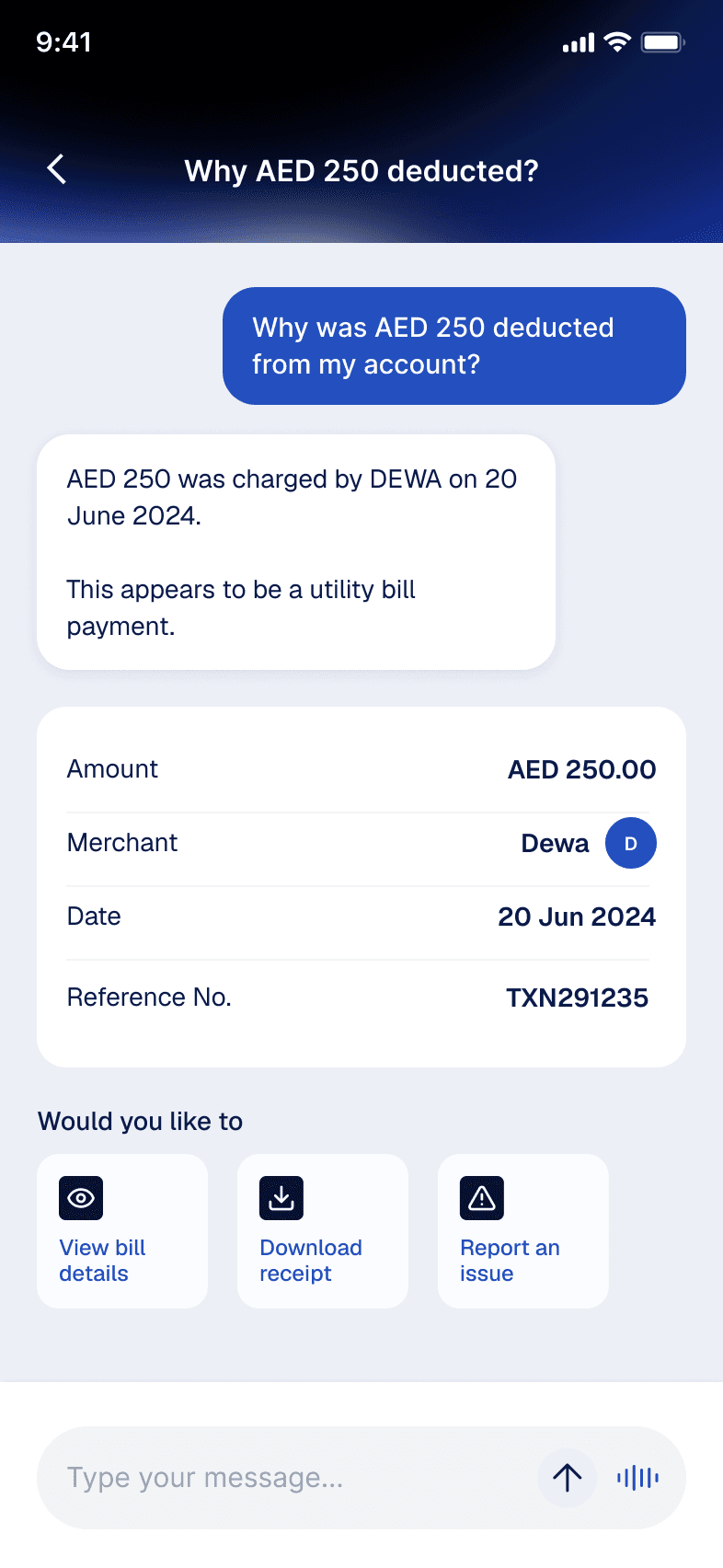 A transaction opened into a plain-language explanation of what the charge was, with the amount, merchant, date and reference listed underneath.
