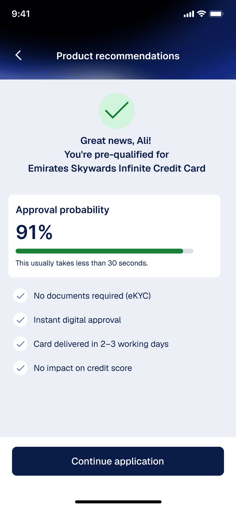 Product recommendation outcome: the customer is pre-qualified for a matched travel credit card, with an approval probability and the conditions of the offer.