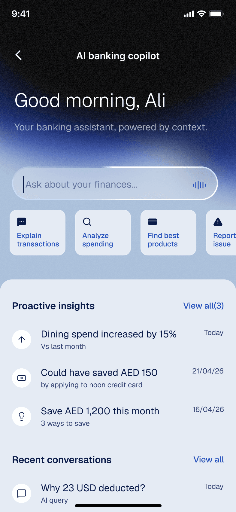 Copilot home screen: a natural-language prompt field, four workflow shortcuts, and a proactive insights list flagging a spending rise and two ways to save.
