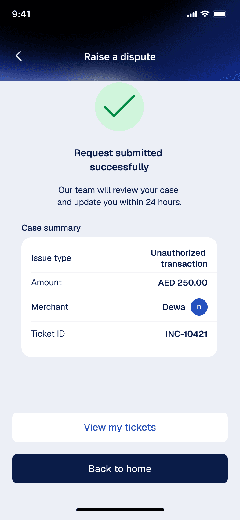 The end of the issue resolution flow: the dispute raised and confirmed, with a case summary and a ticket reference the customer can return to.