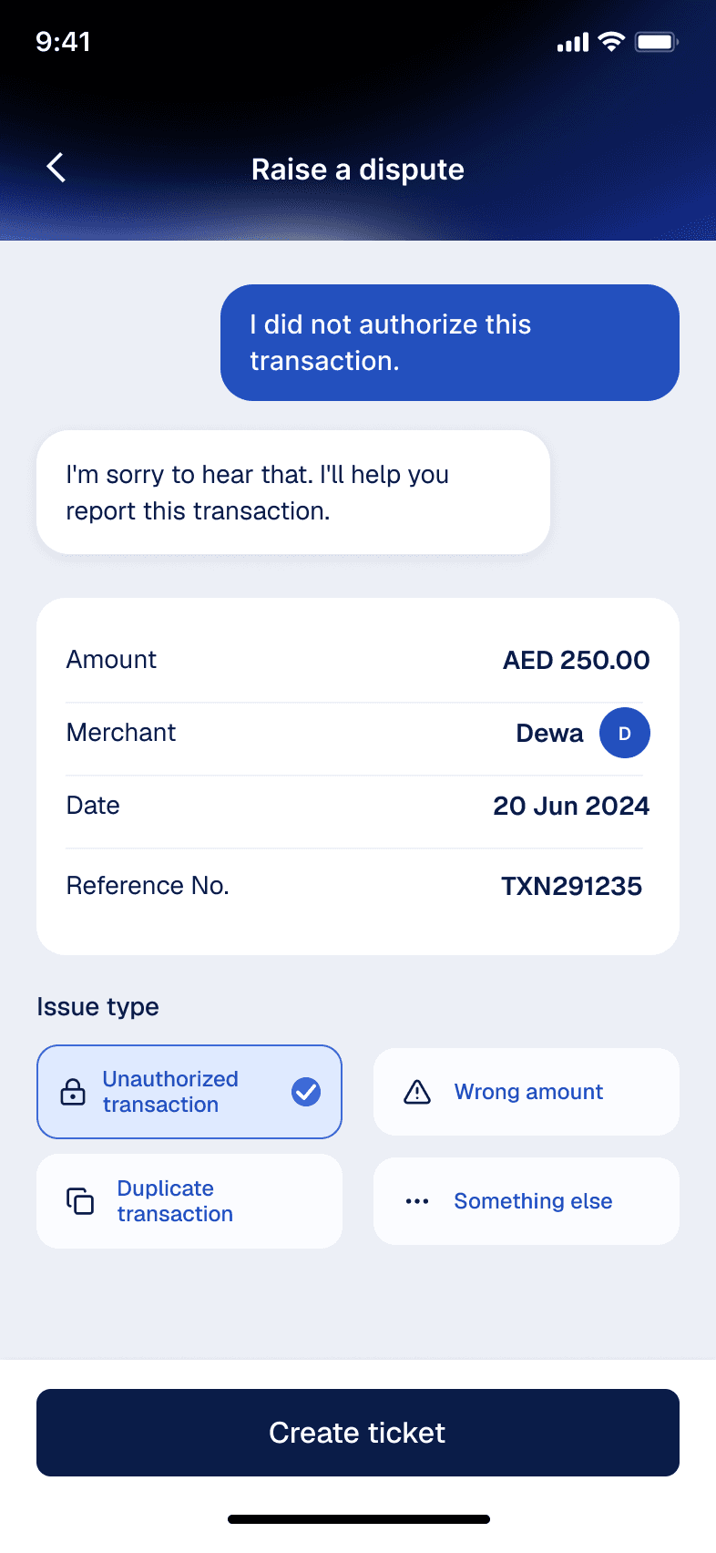 Issue resolution screen: an unauthorised charge reported in conversation, then routed into a typed dispute the assistant can raise as a ticket.